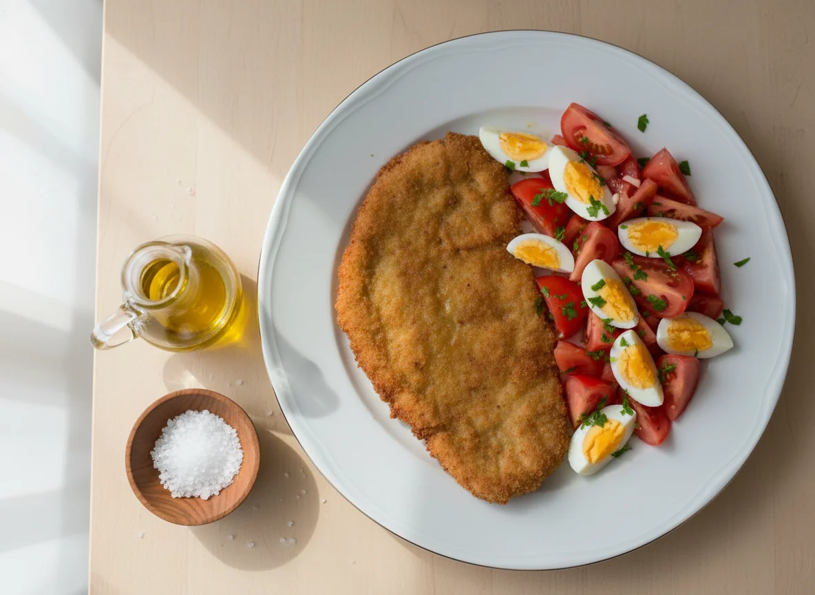 Milanesa con ensalada de tomate y huevo photo
