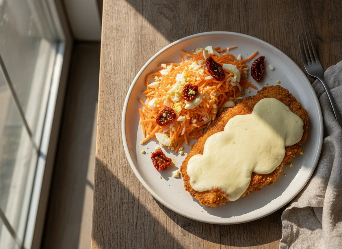 Milanesa con ensalada de zanahoria y huevo photo