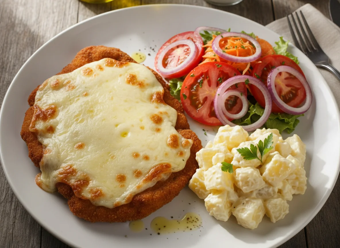 Milanesa con ensalada mixta y ensalada de papa y mayonesa photo