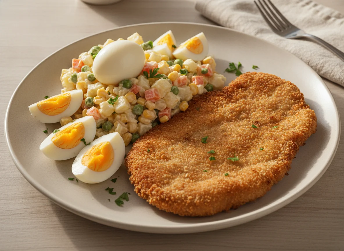 Milanesa con ensalada rusa y huevo duro photo