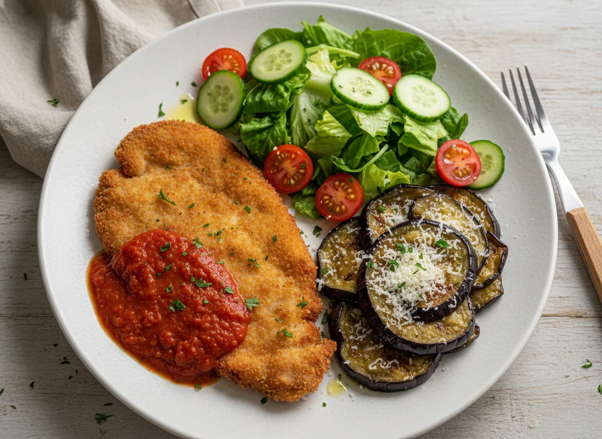 Milanesa con ensalada y berenjena photo