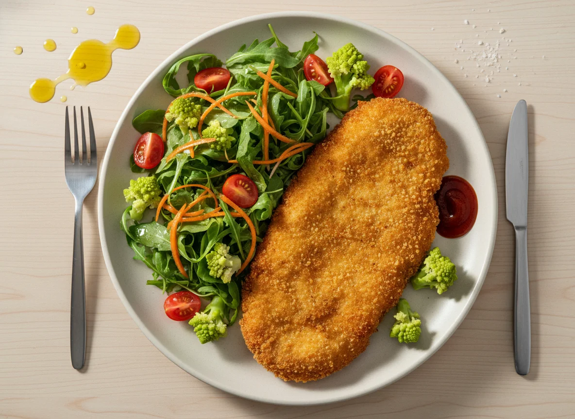 Milanesa con ensalada y brócoli photo