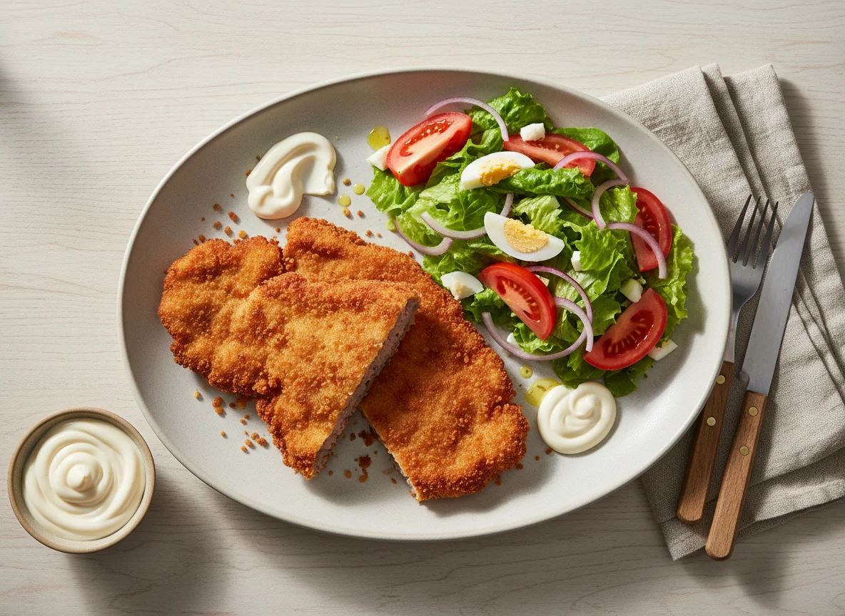 Milanesa con ensalada y mayonesa photo