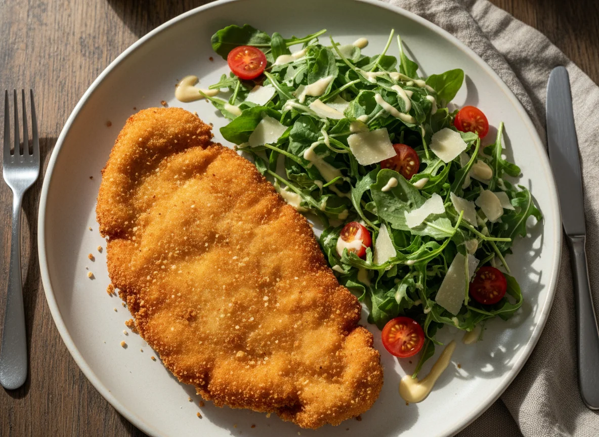Milanesa con ensalada y tomates cherry photo