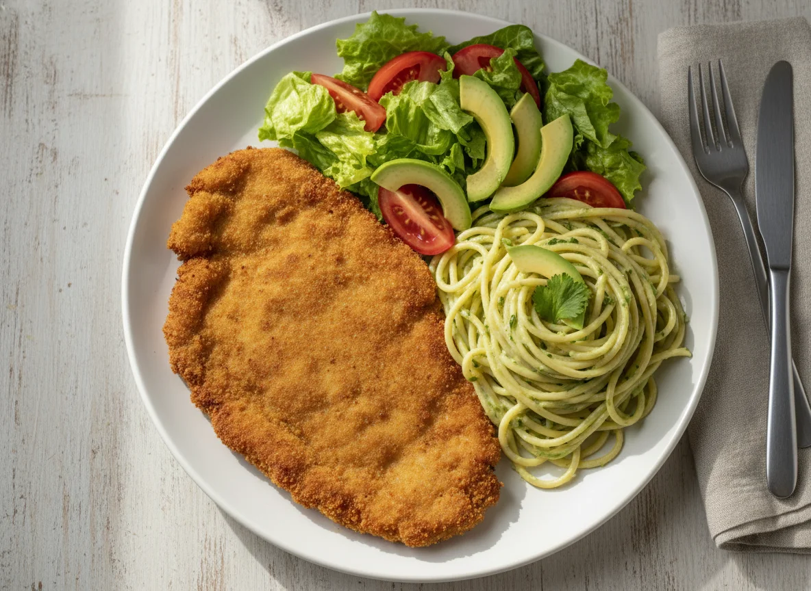 Milanesa con espagueti cremoso y ensalada photo