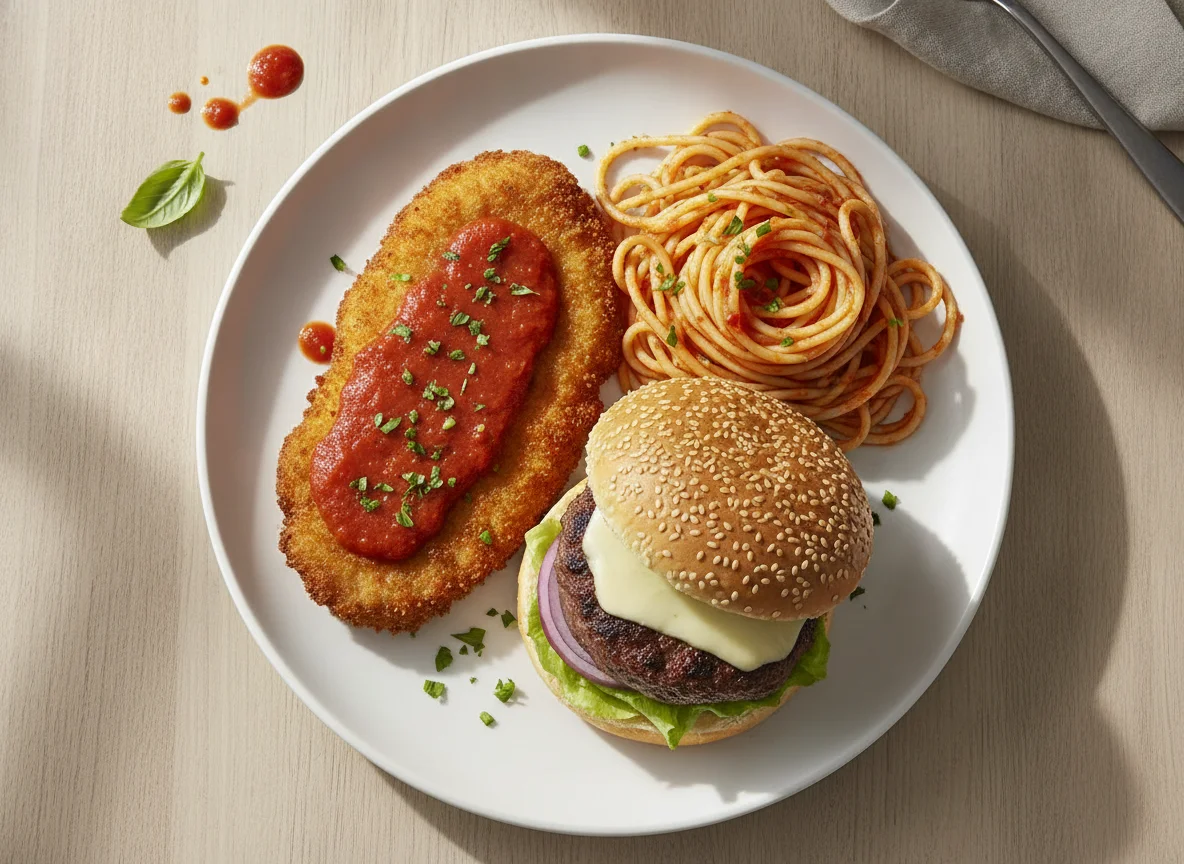 Milanesa con espagueti y hamburguesa photo