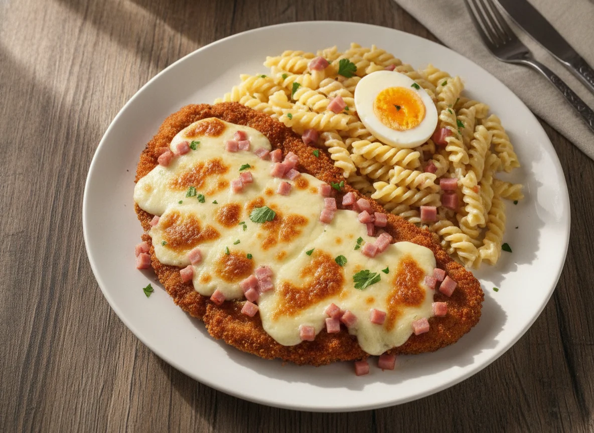 Milanesa con fideos a la crema y huevo duro photo