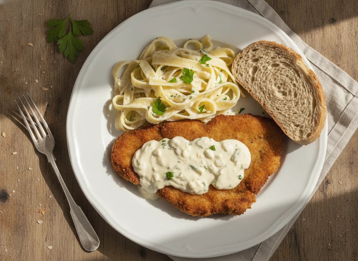 Milanesa con fideos y pan photo