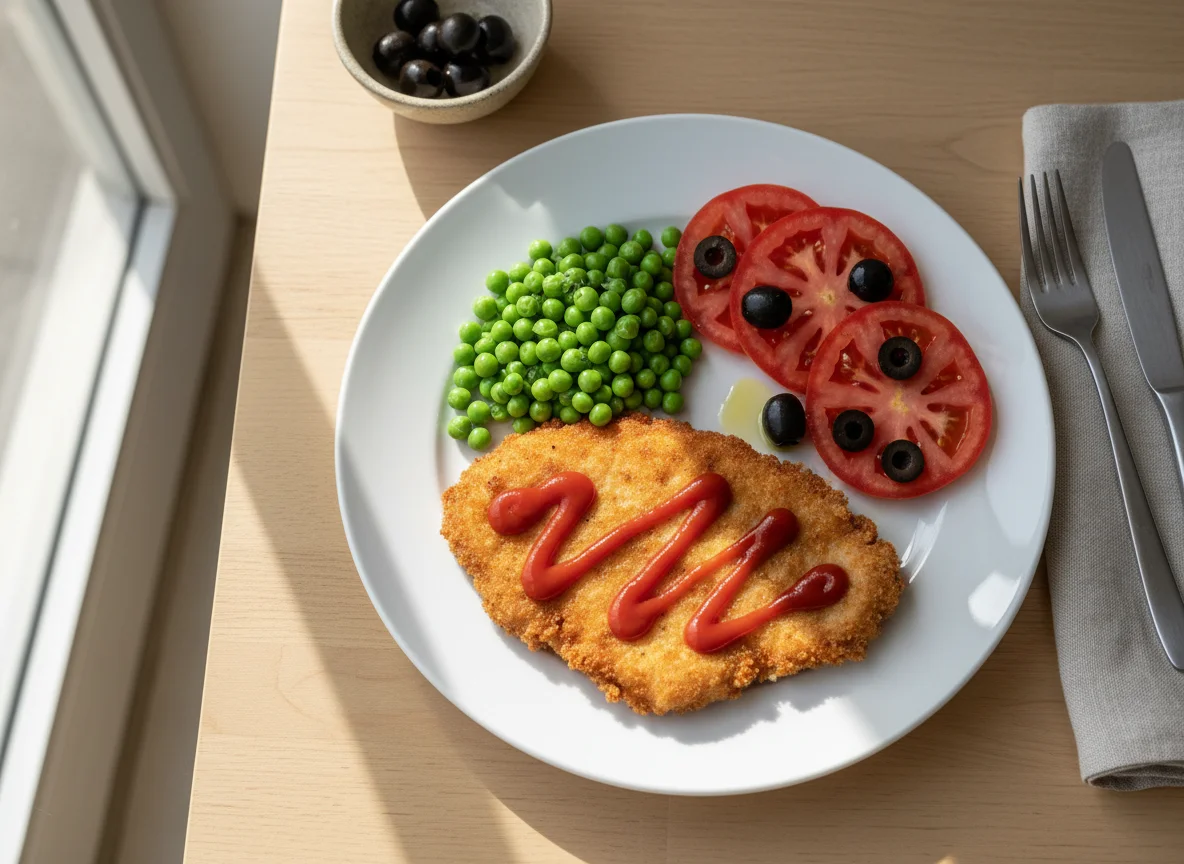 Milanesa con guisantes y ensalada de tomate photo