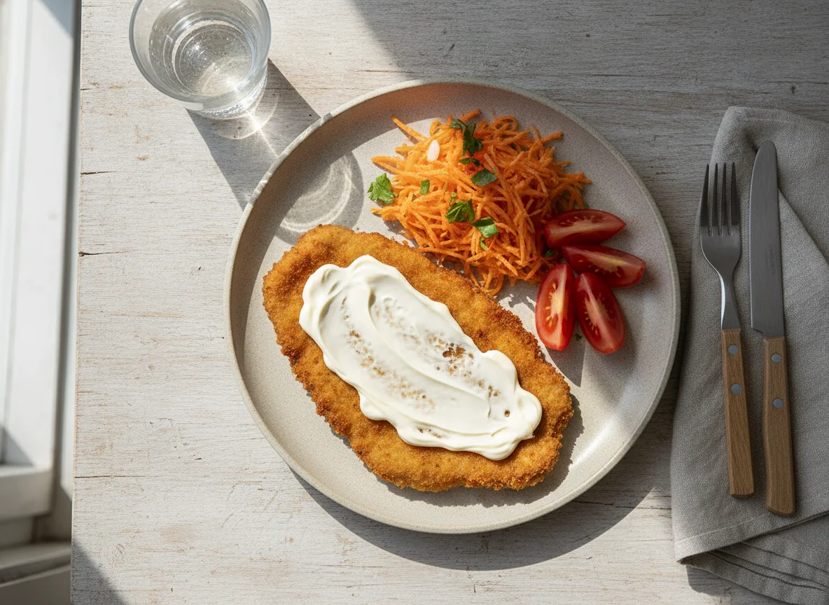 Milanesa con mayonesa y ensalada de zanahoria y tomate photo