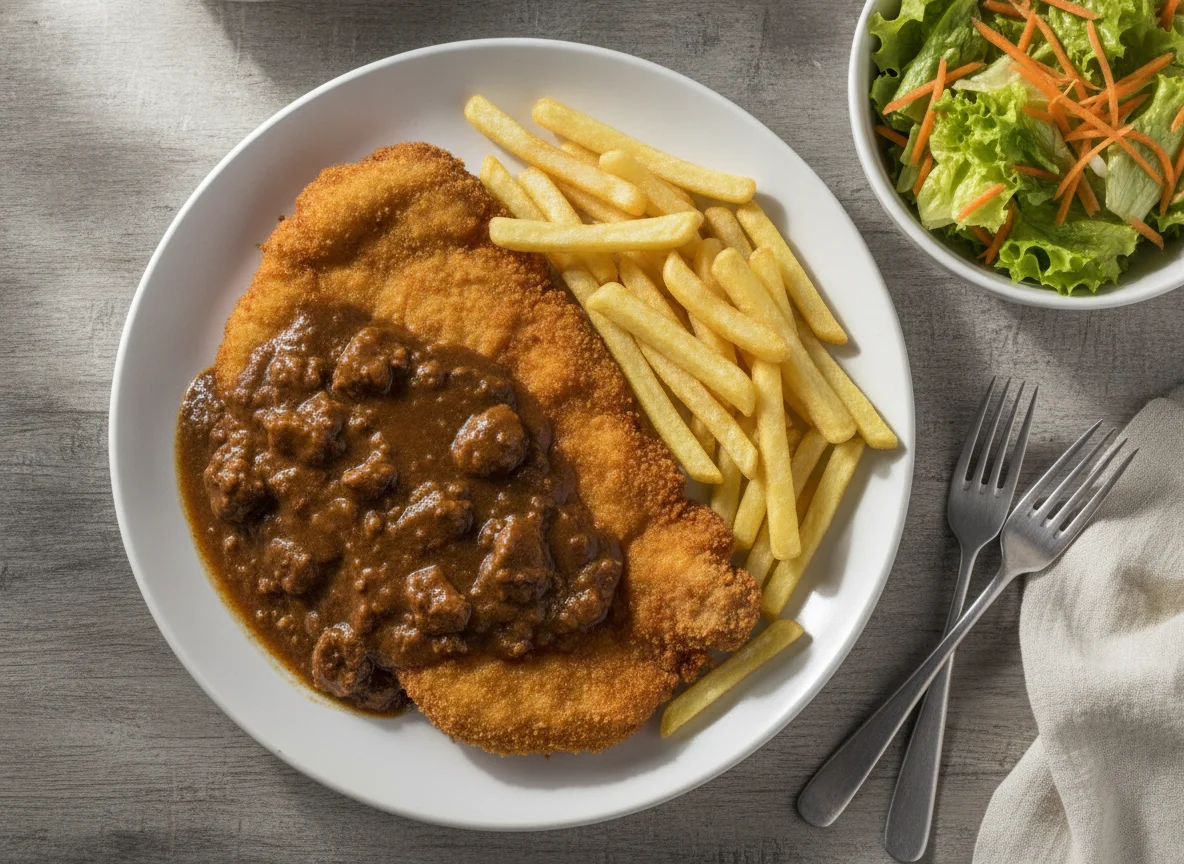 Milanesa con papas fritas y ensalada photo