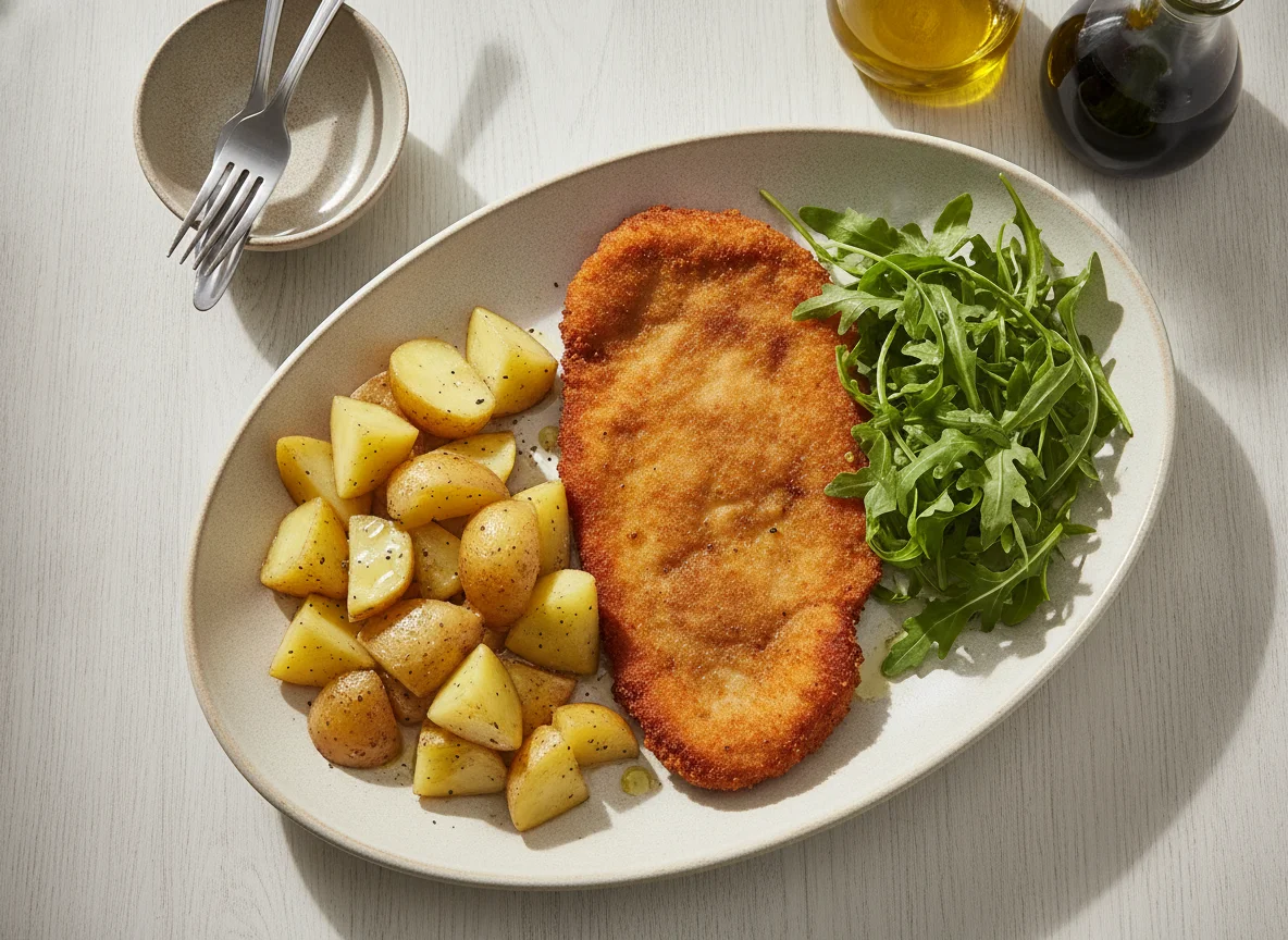 Milanesa con papas y rúcula photo