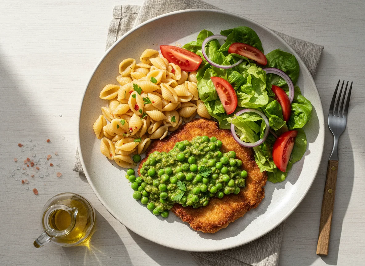 Milanesa con pasta y ensalada photo