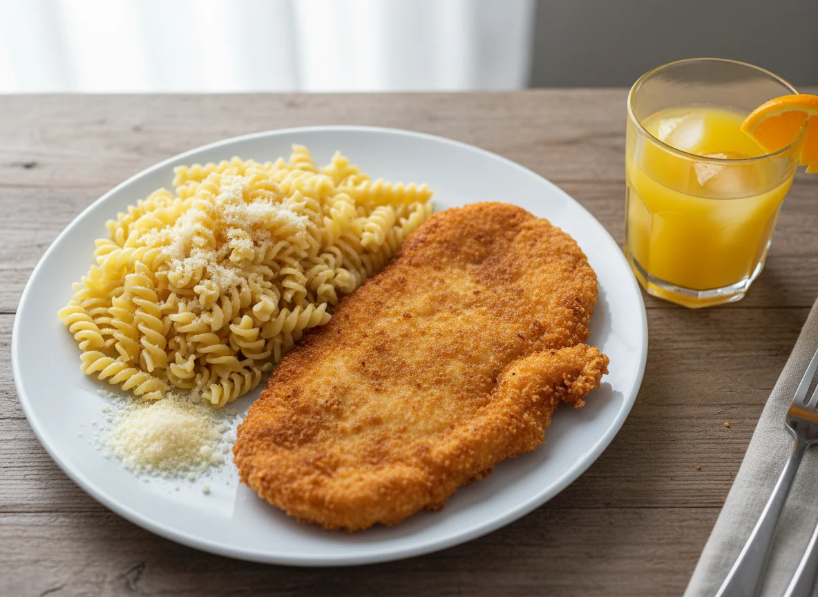 Milanesa con pasta y jugo de naranja photo