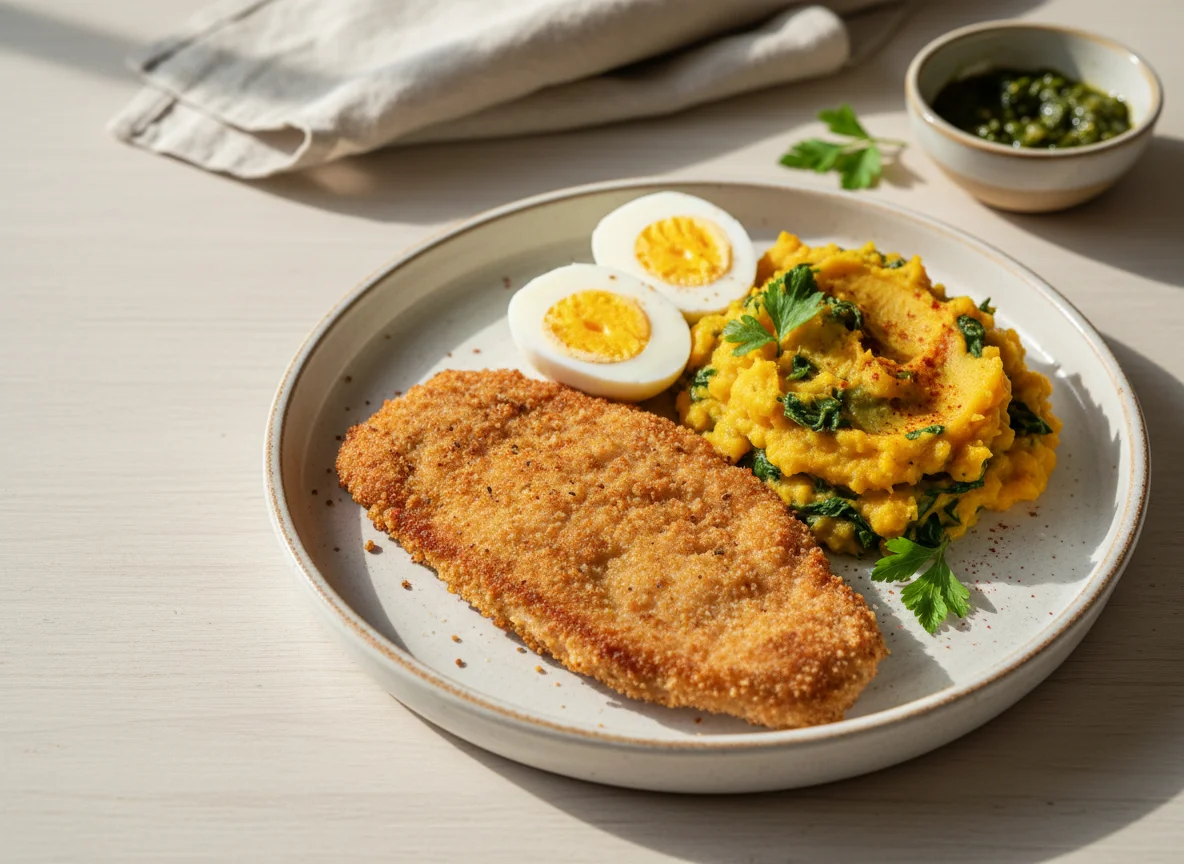 Milanesa con puré de calabaza y huevo duro photo