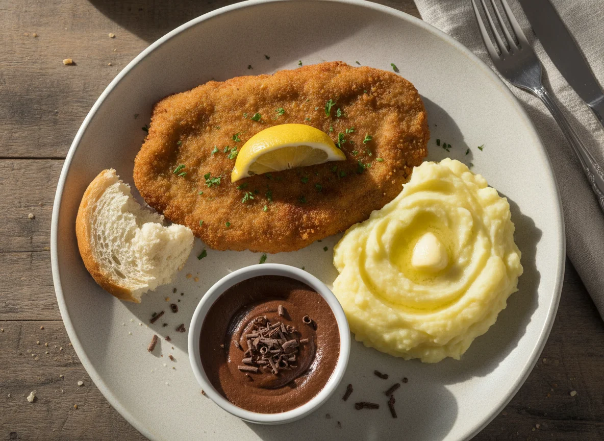 Milanesa con puré, pan y postre de chocolate photo