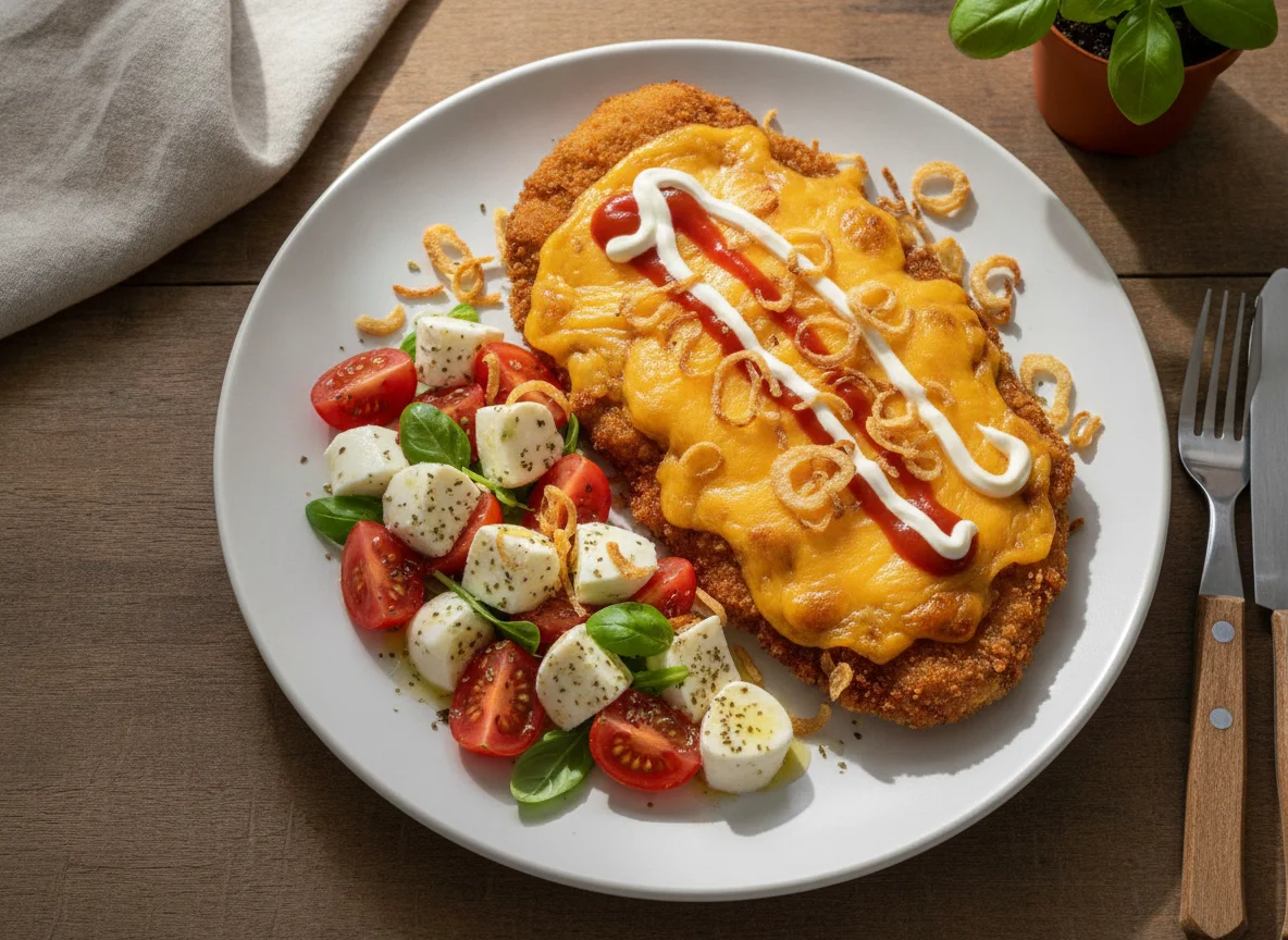 Milanesa con queso y ensalada caprese photo