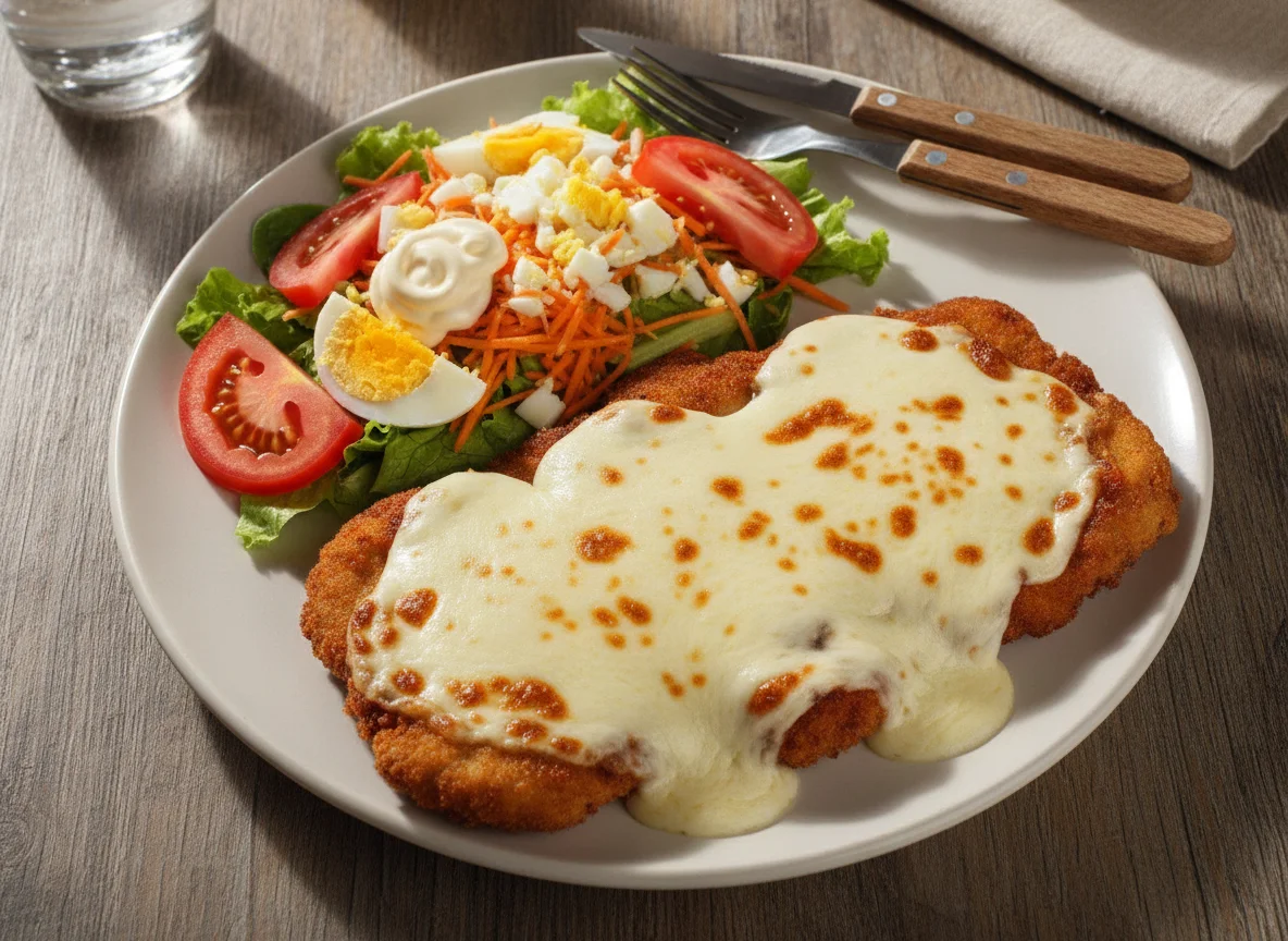 Milanesa con queso y ensalada mixta photo