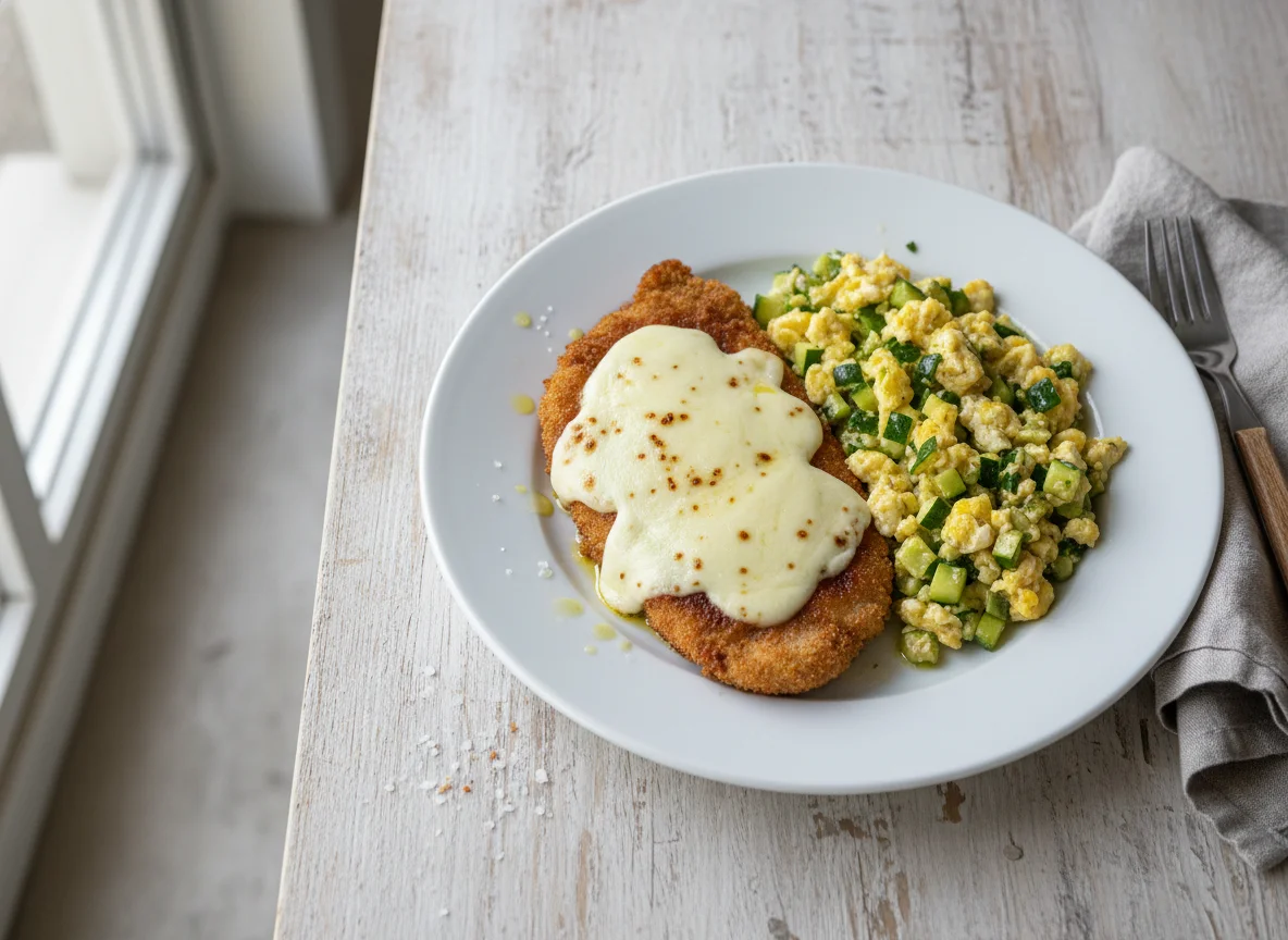 Milanesa con revuelto de zapallitos y huevo photo