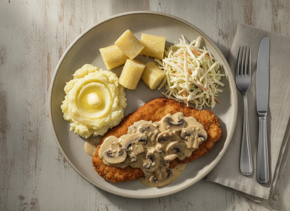 Milanesa con salsa de champiñones, puré de papas, mandioca y ensalada de repollo photo