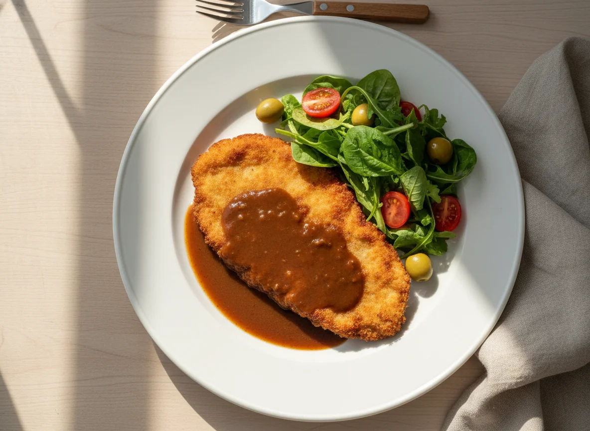 Milanesa con salsa y ensalada photo