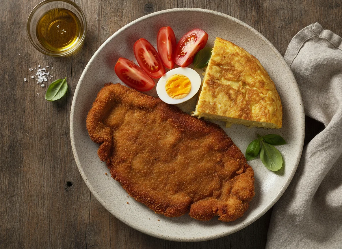 Milanesa con tortilla, huevo y tomate photo
