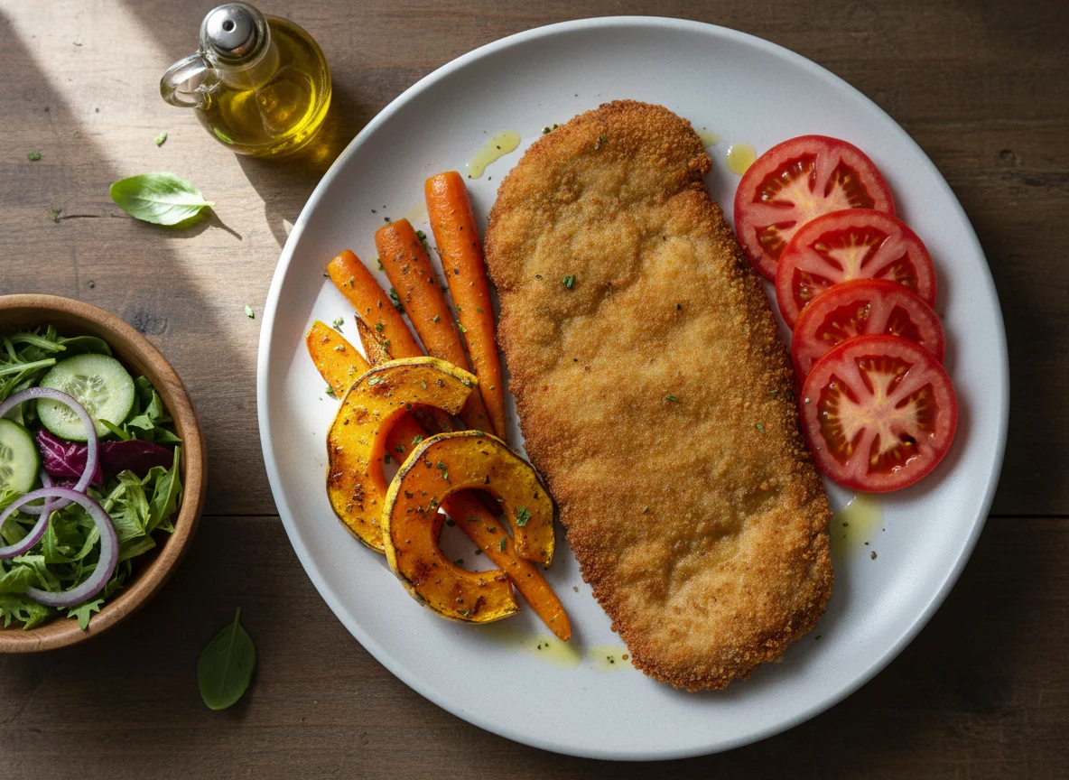 Milanesa con vegetales asados y ensalada photo