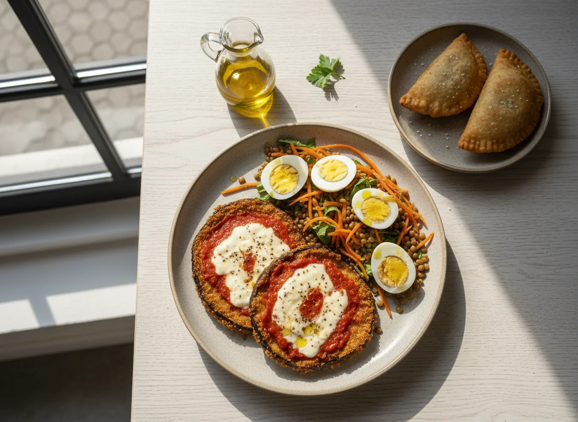 Milanesa de berenjena con ensalada y empanadas photo