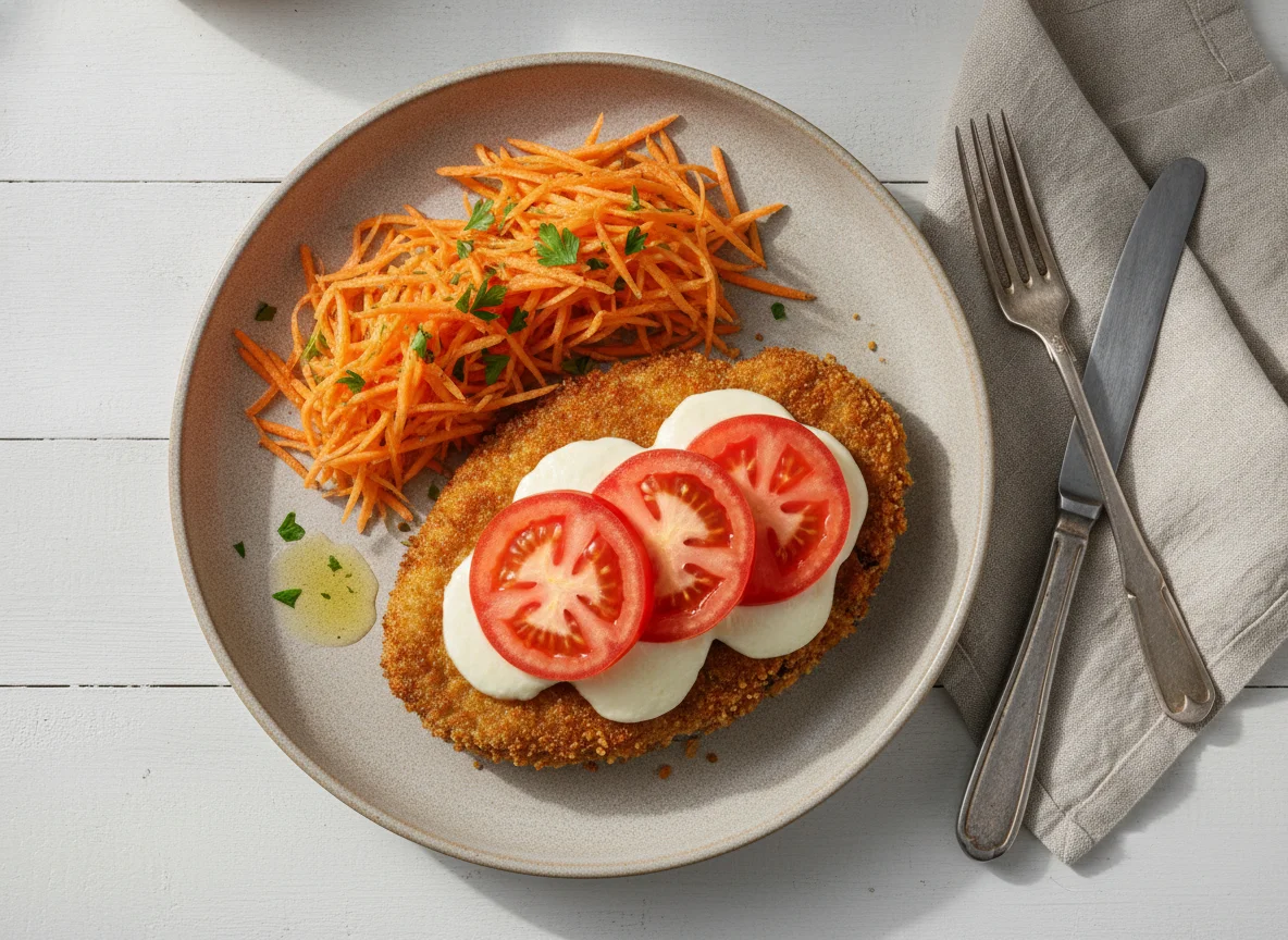 Milanesa de berenjena con queso, tomate y ensalada de zanahoria photo