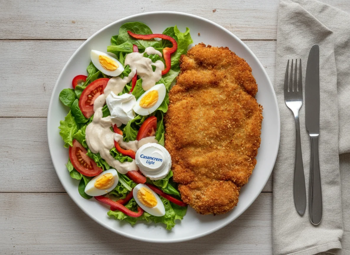 Milanesa de carne al horno con ensalada mixta y aderezo de yogur y queso crema photo