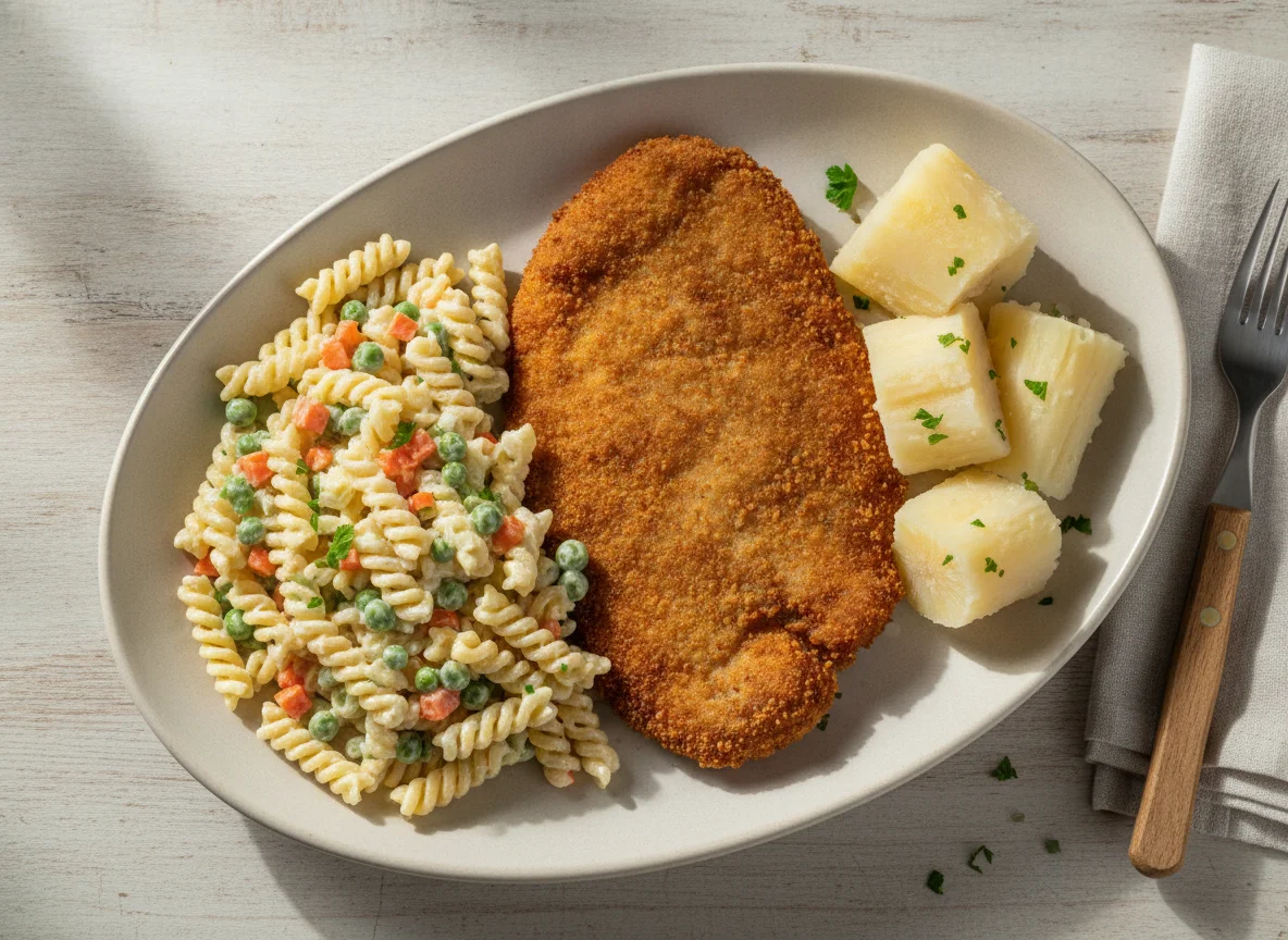 Milanesa de carne con ensalada de fideos y mandioca photo