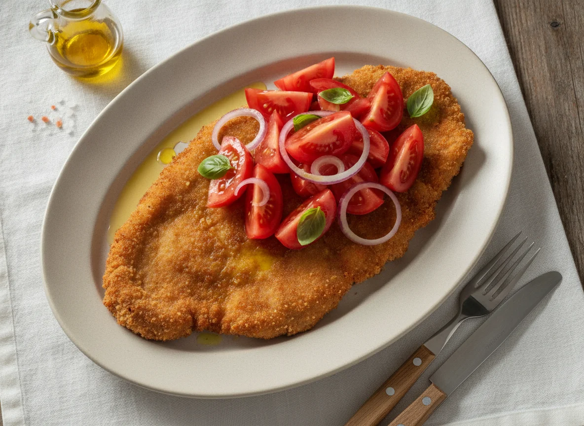 Milanesa de carne con ensalada de tomate photo