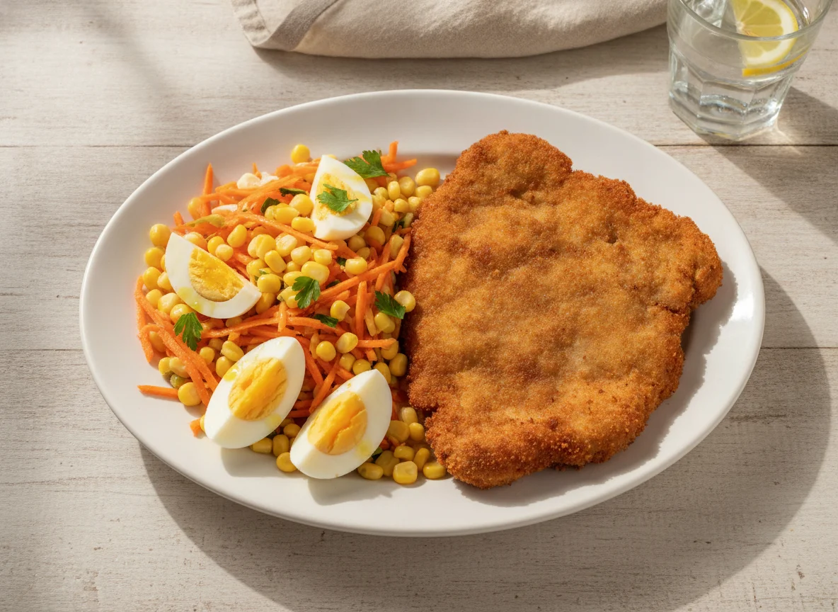 Milanesa de carne con ensalada de zanahoria, choclo y huevo photo