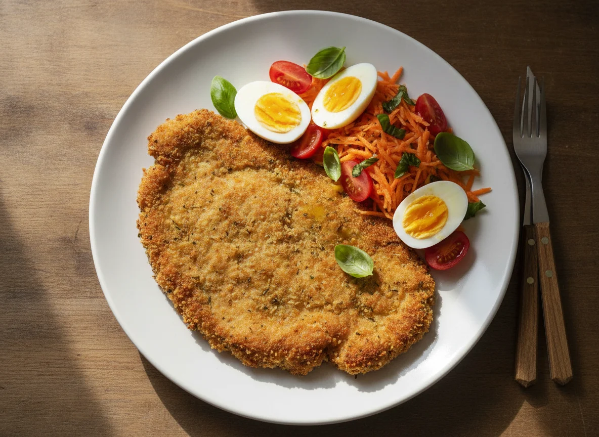 Milanesa de carne con ensalada de zanahoria, tomate y huevo duro photo