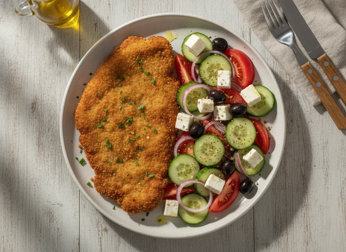 Milanesa de carne con ensalada griega photo