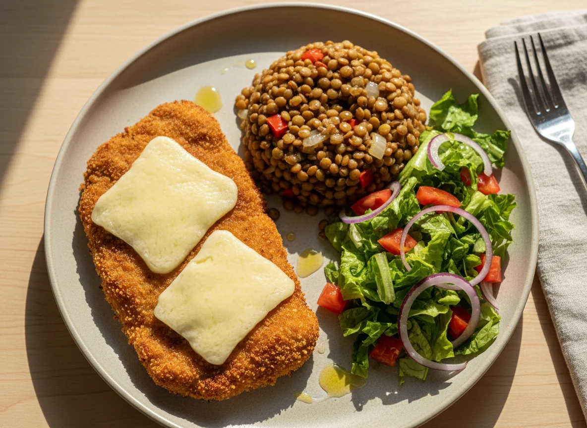 Milanesa de carne con ensalada mixta y lentejas photo