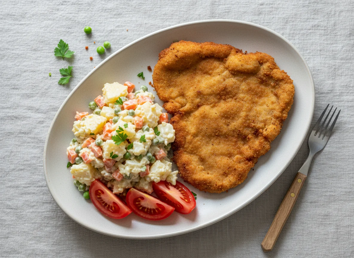Milanesa de carne con ensalada rusa photo