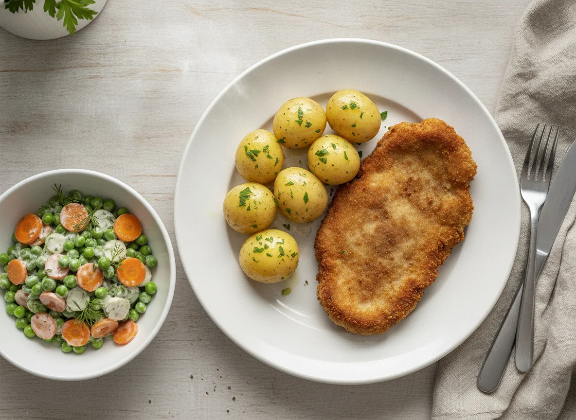 Milanesa de carne con papas hervidas y ensalada de arvejas y zanahorias photo