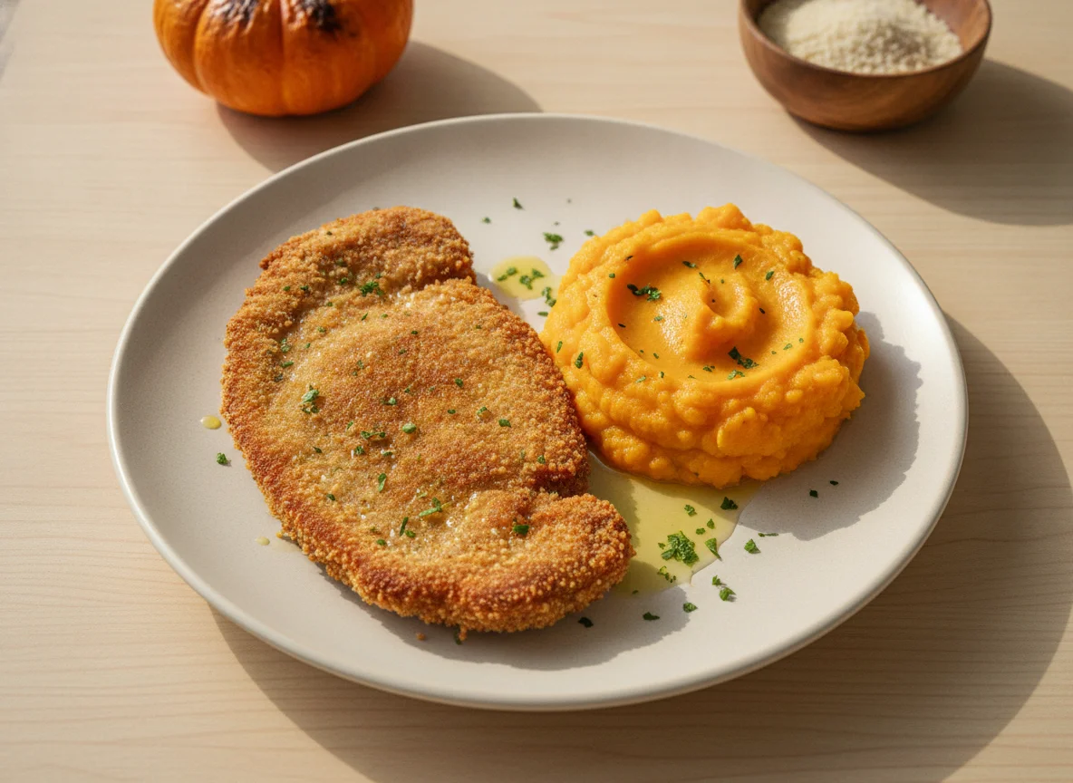 Milanesa de carne con puré de calabaza photo
