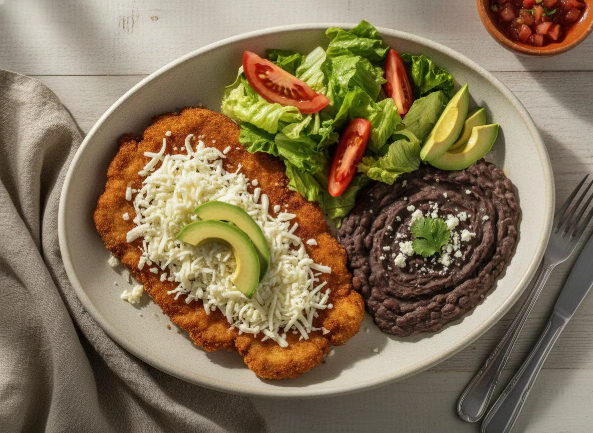 Milanesa de cerdo con ensalada y frijoles photo