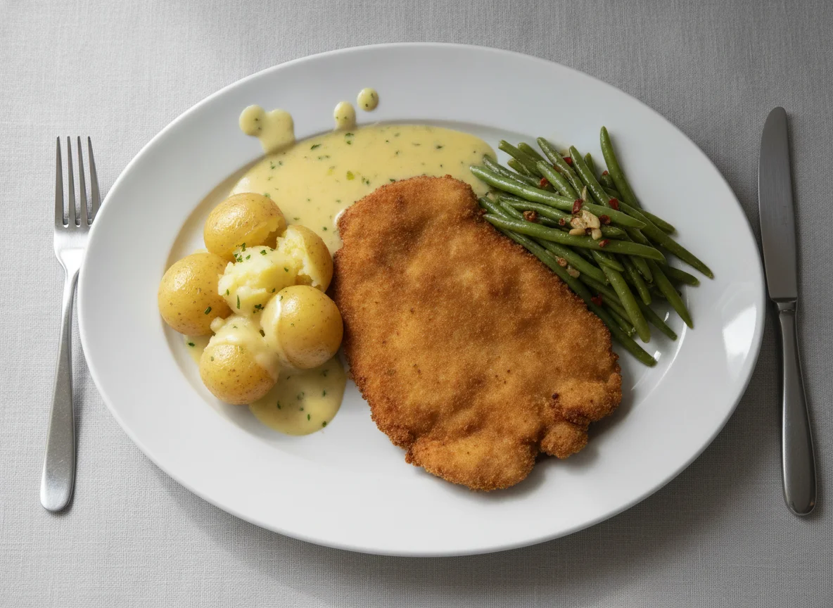 Milanesa de cerdo con patatas y judías verdes photo