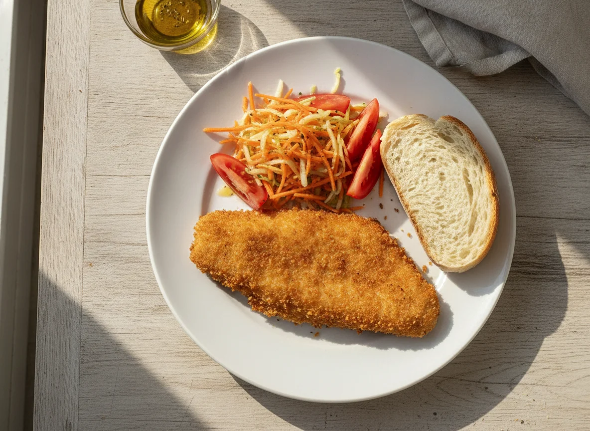 Milanesa de merluza con ensalada y pan photo