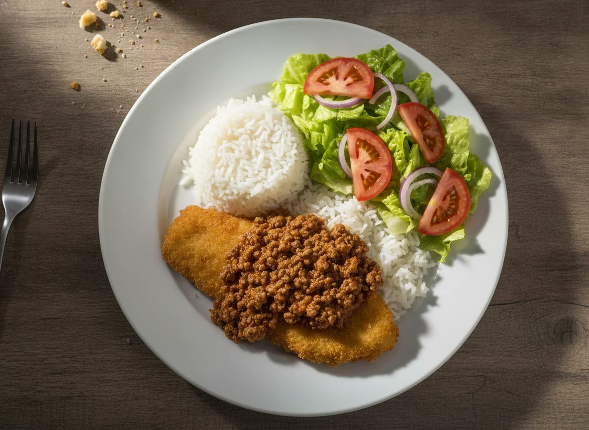 Milanesa de pescado con arroz, salsa de carne y ensalada photo