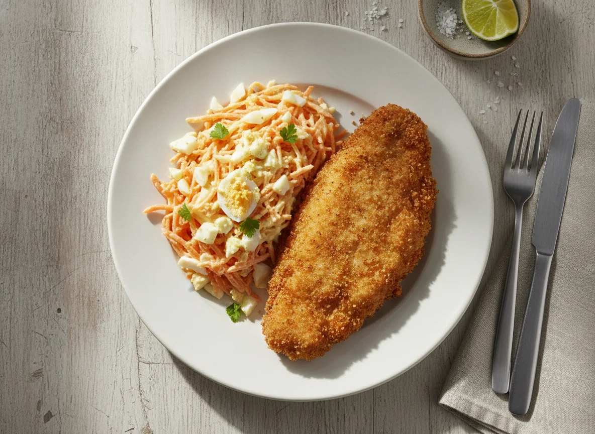 Milanesa de pescado con ensalada de zanahoria photo