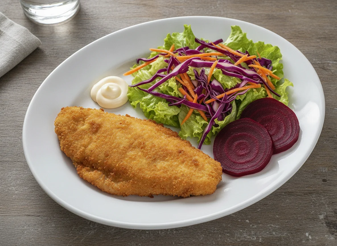 Milanesa de pescado con ensalada mixta y remolacha photo