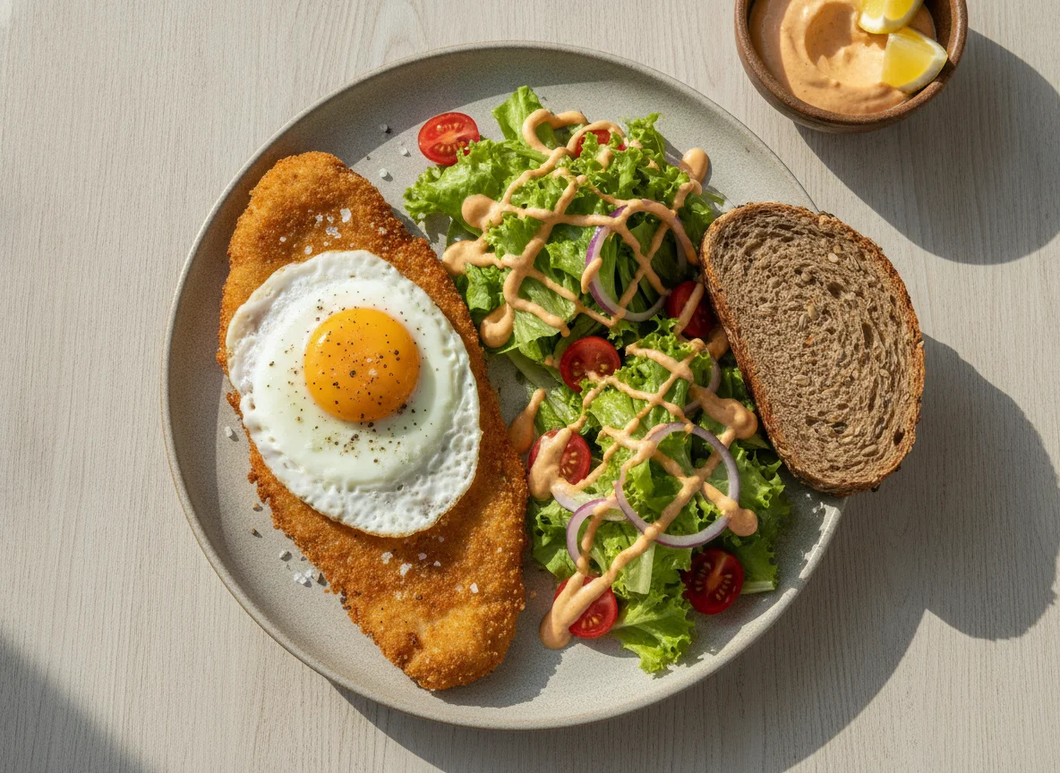 Milanesa de pescado con huevo frito, ensalada y pan integral photo