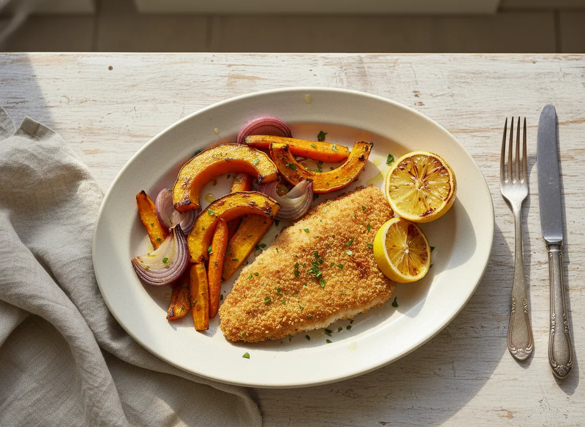 Milanesa de pescado con vegetales asados photo