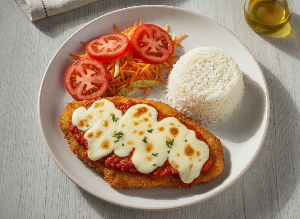 Milanesa de pollo a la napolitana con arroz y ensalada de tomate y zanahoria photo