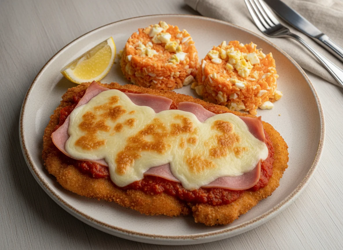 Milanesa de pollo a la napolitana con ensalada de zanahoria y huevo photo