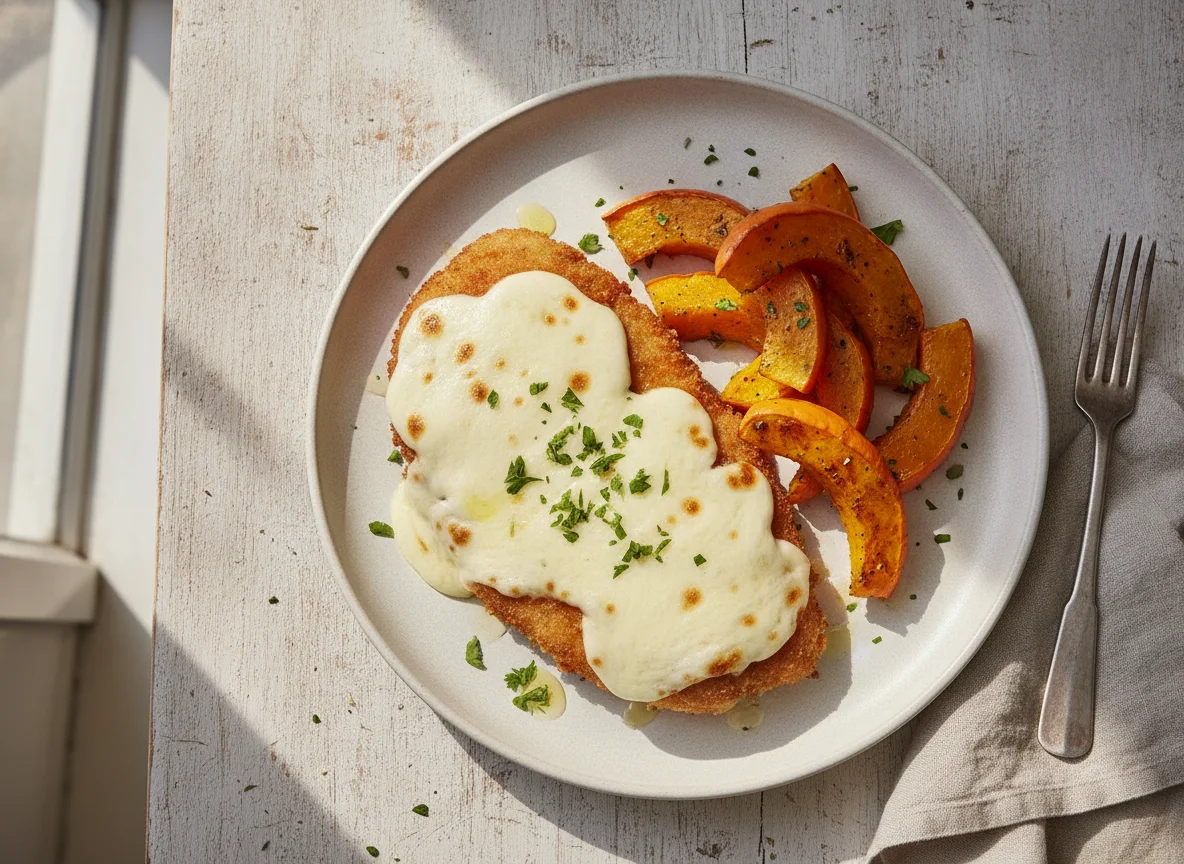 Milanesa de pollo a la suiza con calabaza asada photo